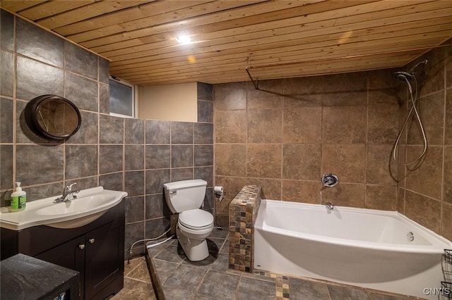 full bath with toilet, wood ceiling, tile walls, and vanity