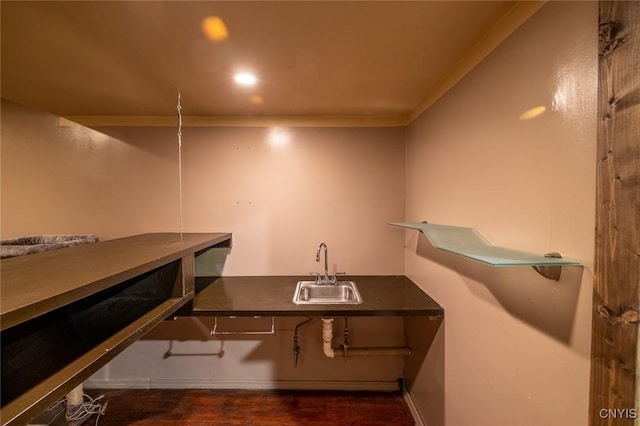 interior space with ornamental molding and a sink