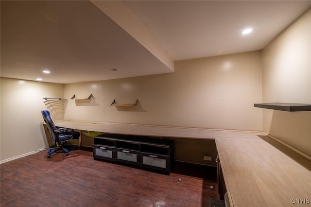 home office featuring baseboards, dark wood finished floors, and recessed lighting