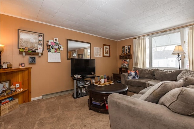 carpeted living room with baseboards, a baseboard radiator, and crown molding