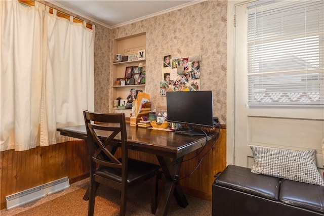 home office featuring crown molding, a baseboard radiator, built in features, and wallpapered walls