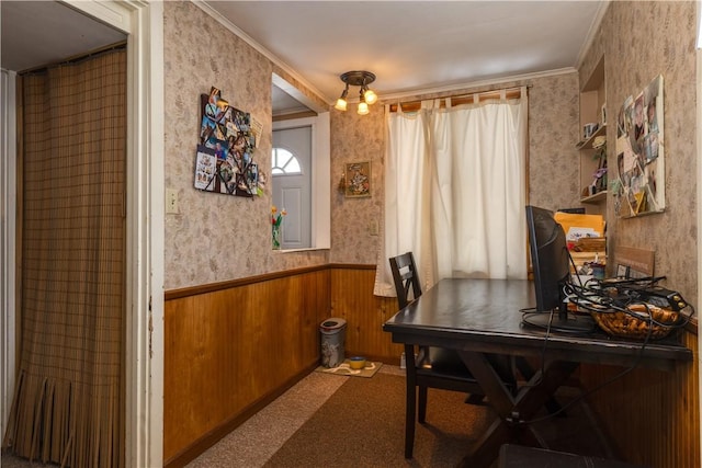 office featuring ornamental molding, carpet, wainscoting, and wallpapered walls