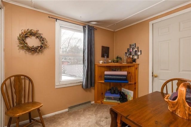 carpeted office space featuring baseboards, visible vents, and crown molding