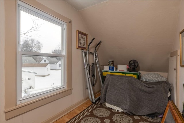 interior space featuring laundry area, plenty of natural light, baseboards, and wood finished floors