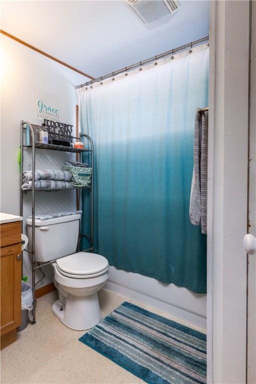 full bath with toilet, visible vents, shower / tub combo with curtain, and vanity