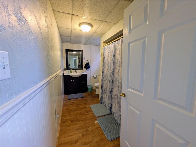 hallway with a paneled ceiling, wainscoting, a sink, and wood finished floors