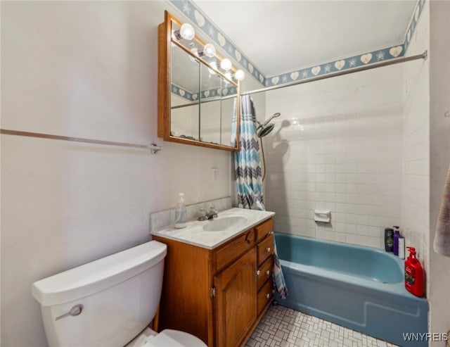 full bathroom with toilet, tile patterned floors, vanity, and shower / tub combo with curtain