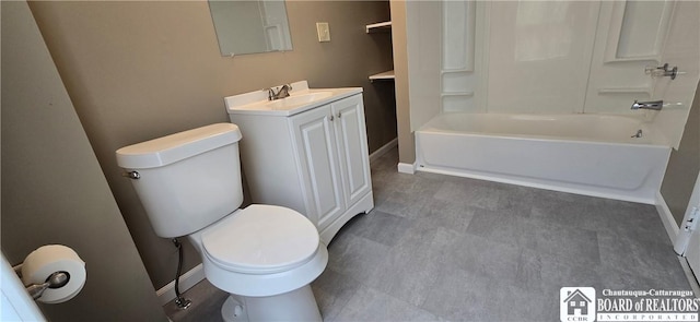 full bathroom featuring baseboards, shower / tub combination, vanity, and toilet