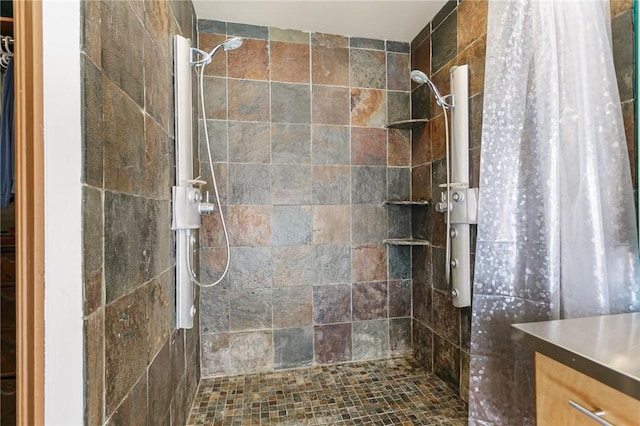 bathroom with walk in shower, vanity, and a walk in closet