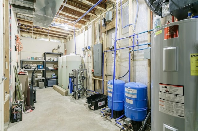 unfinished basement with electric panel and water heater