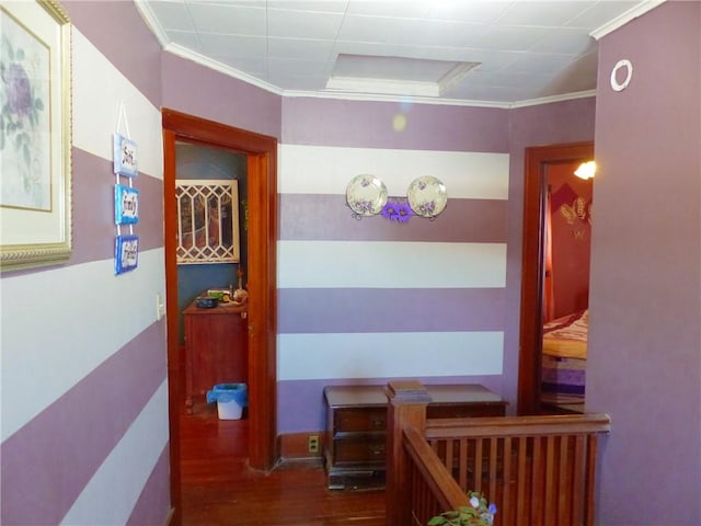 hall with dark wood-type flooring and crown molding