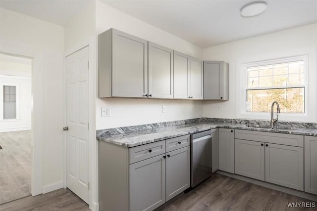 kitchen featuring stainless steel dishwasher, a sink, and gray cabinetry