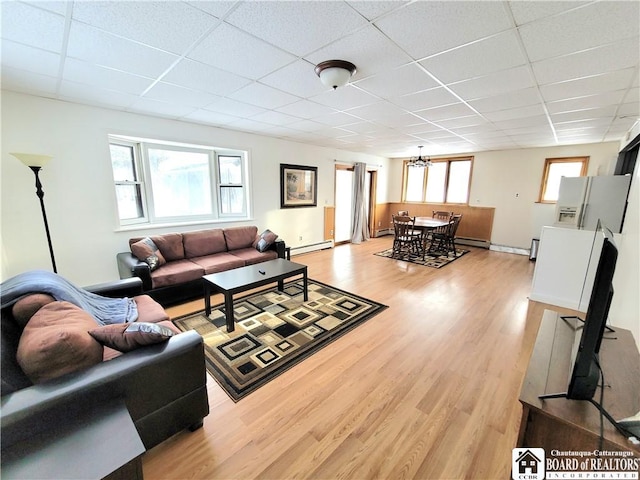 living area featuring a wealth of natural light, a drop ceiling, and light wood-style flooring