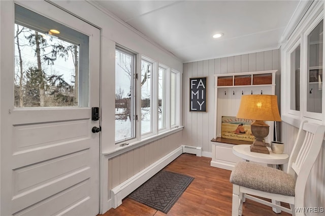 mudroom featuring crown molding, a baseboard heating unit, wood finished floors, and recessed lighting