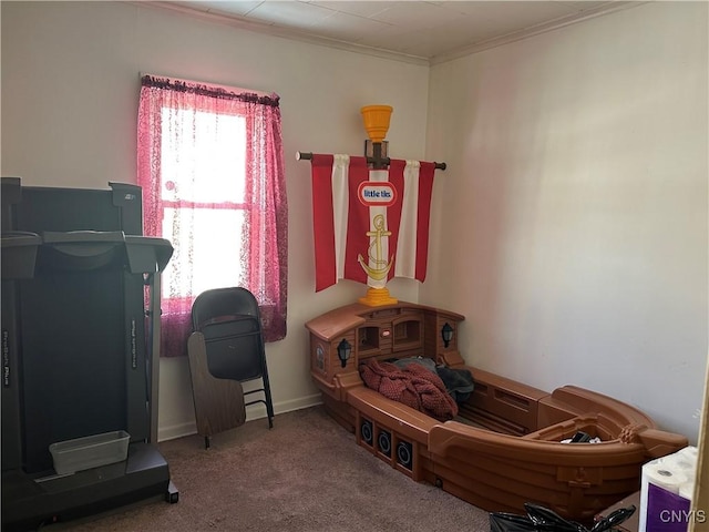 interior space with carpet flooring and crown molding