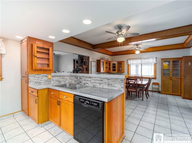 kitchen with light tile patterned floors, decorative backsplash, dishwasher, glass insert cabinets, and light countertops