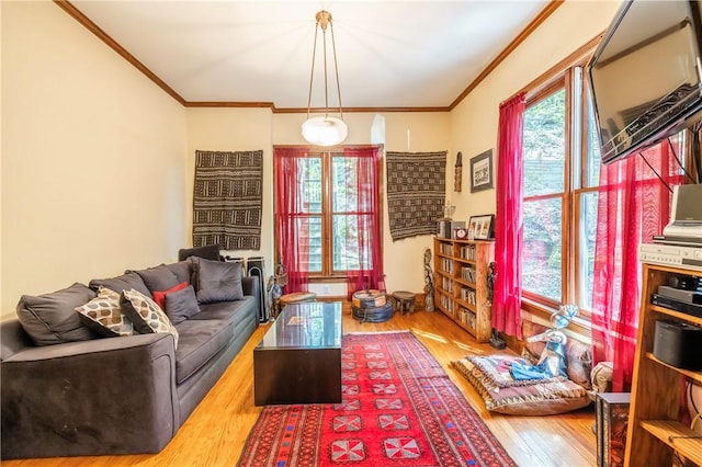 living area featuring a healthy amount of sunlight, wood finished floors, and ornamental molding