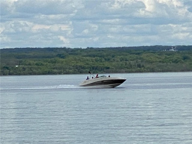 water view with a boat dock and a wooded view