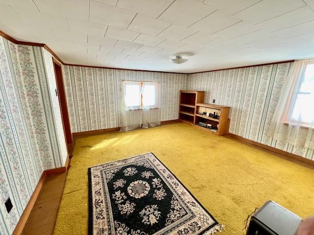 246 S Marvin St, Smethport-Borough, PA 16749 - living area with wallpapered walls, carpet floors, crown molding, and baseboards