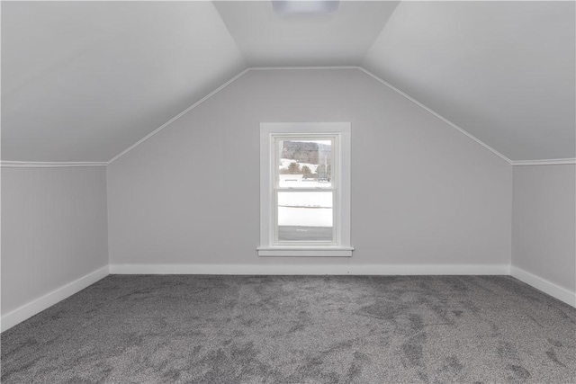 additional living space with vaulted ceiling, carpet, and baseboards