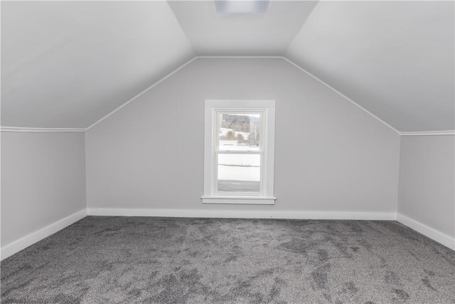 additional living space with lofted ceiling, carpet floors, and baseboards