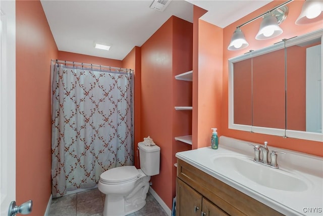 bathroom with visible vents, toilet, a shower with curtain, tile patterned flooring, and vanity