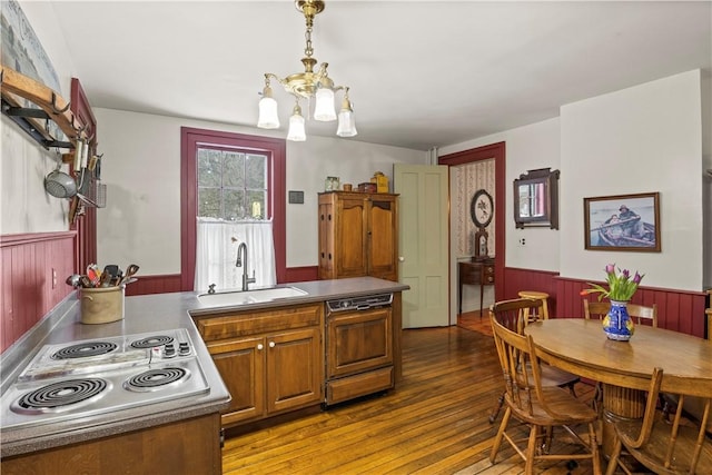 kitchen with electric cooktop, paneled dishwasher, brown cabinetry, wainscoting, and a sink