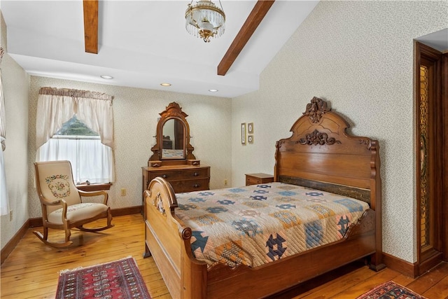 bedroom featuring light wood-type flooring, wallpapered walls, baseboards, and recessed lighting