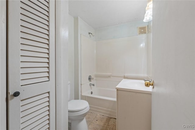 full bathroom with toilet, shower / washtub combination, a closet, and vanity