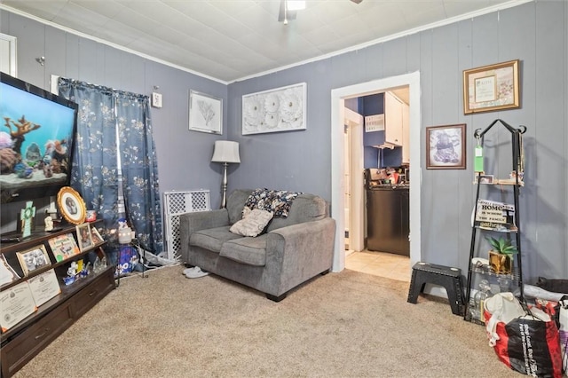 living room featuring light carpet and crown molding