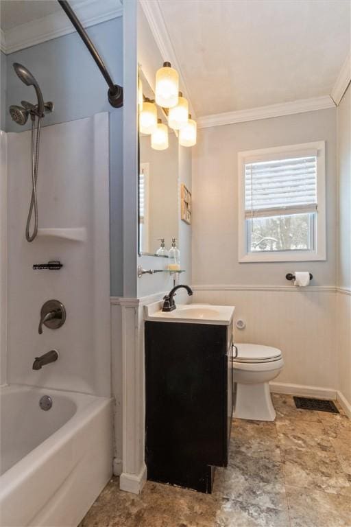 full bathroom with toilet, bathtub / shower combination, crown molding, and vanity