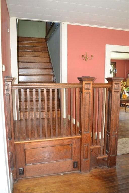 stairway featuring wood finished floors