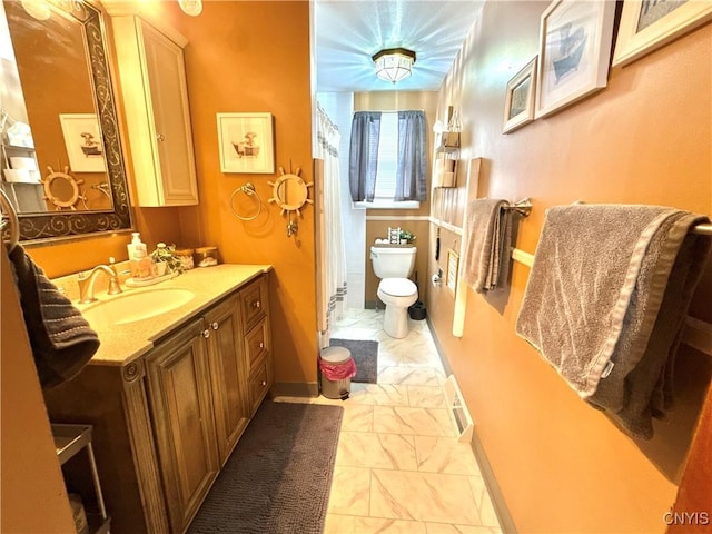 bathroom with visible vents, baseboards, toilet, marble finish floor, and vanity