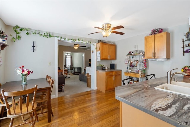 kitchen featuring light wood finished floors, ceiling fan, light countertops, and a sink