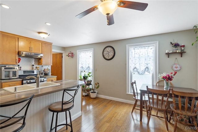 213 Salisbury St, Sandy Creek, NY 13145 - kitchen with baseboards, a kitchen breakfast bar, light wood-type flooring, under cabinet range hood, and backsplash