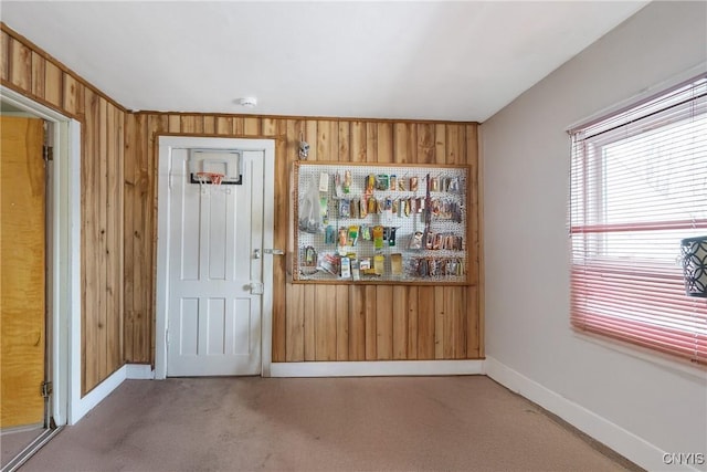 carpeted spare room with baseboards and wooden walls