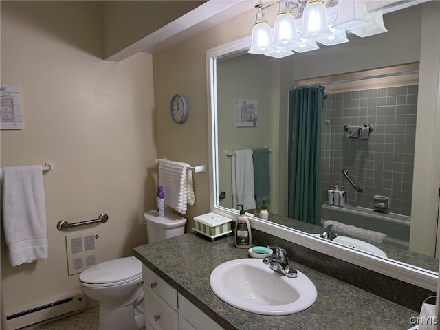 bathroom featuring a baseboard heating unit, shower / tub combo, vanity, and toilet