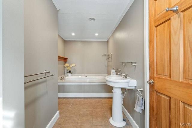 bathroom with tile patterned flooring, a garden tub, recessed lighting, baseboards, and ornamental molding