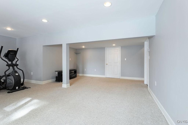 workout room with carpet, baseboards, and recessed lighting