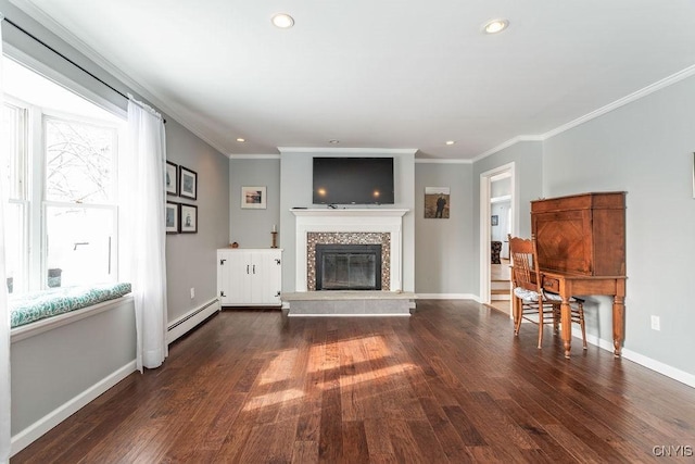 unfurnished living room with baseboards, a tile fireplace, a baseboard radiator, ornamental molding, and dark wood-type flooring