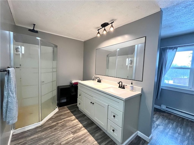 bathroom with wood finished floors, a stall shower, and a sink