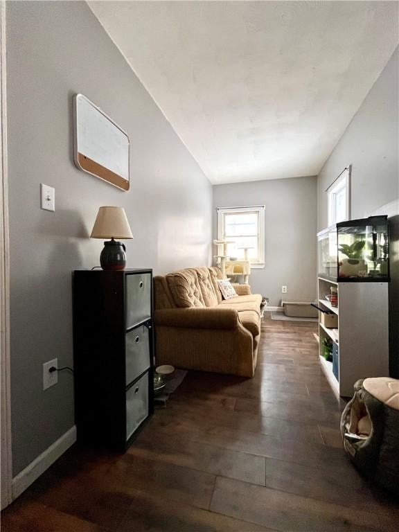 interior space featuring dark wood-style flooring and baseboards