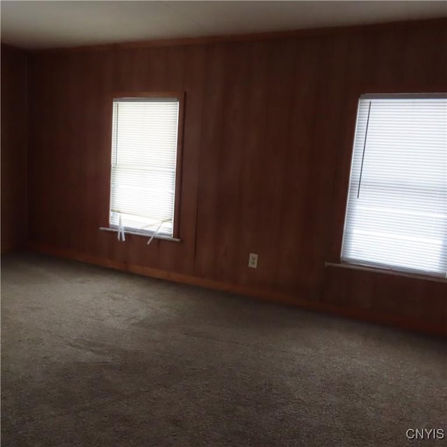 spare room with dark colored carpet and wooden walls