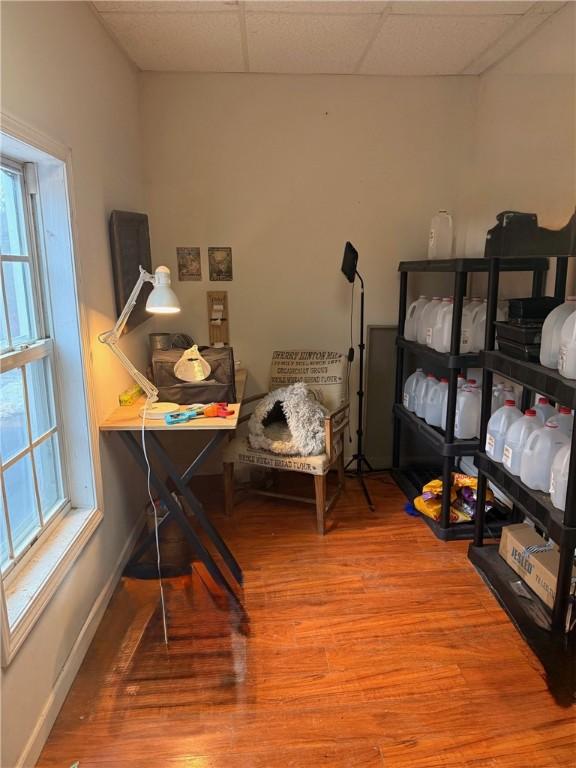 bedroom with multiple windows, a drop ceiling, and wood finished floors