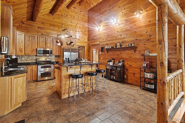 3391 State Route 28, Herkimer, NY 13350 - kitchen with a kitchen island, a sink, appliances with stainless steel finishes, tasteful backsplash, and dark countertops