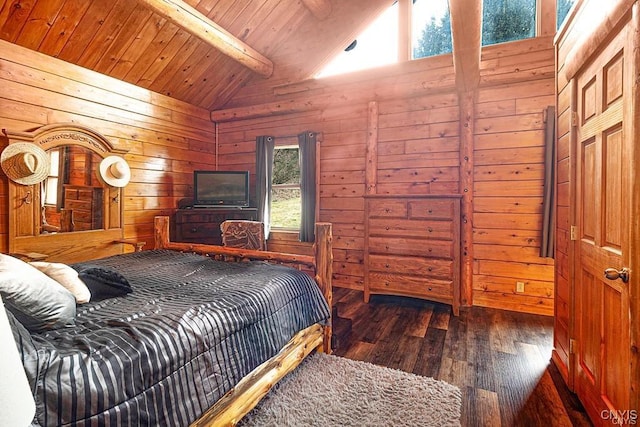 3391 State Route 28, Herkimer, NY 13350 - bedroom featuring lofted ceiling with beams, dark wood-type flooring, wood walls, and wood ceiling