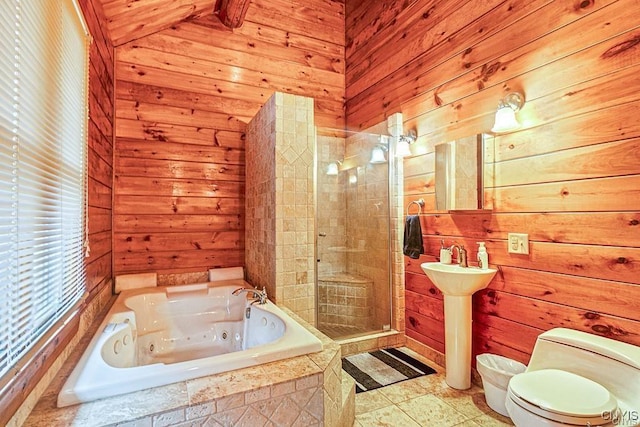 3391 State Route 28, Herkimer, NY 13350 - full bathroom featuring wood walls, a shower stall, toilet, and a tub with jets