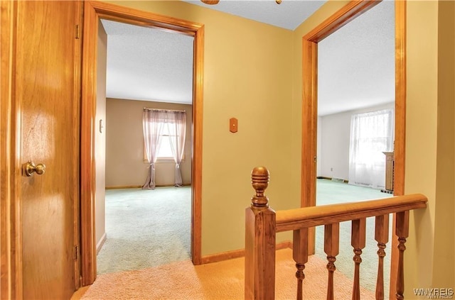 hallway with light carpet, a wealth of natural light, and baseboards