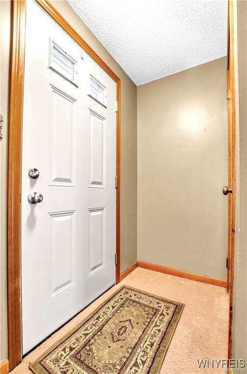 carpeted foyer with baseboards and a textured ceiling