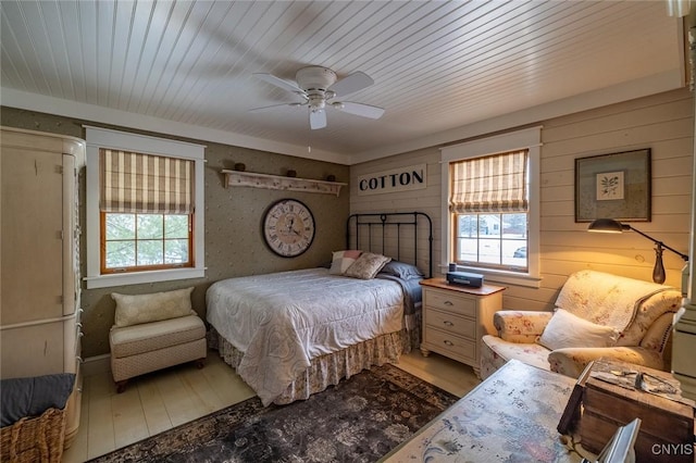 bedroom with wood ceiling, ceiling fan, and wood finished floors